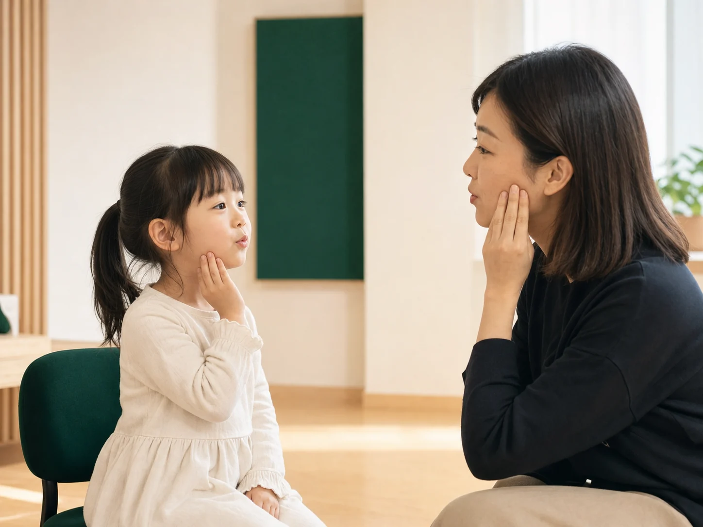 幼儿在老师陪伴下进行轻柔的哼鸣练习